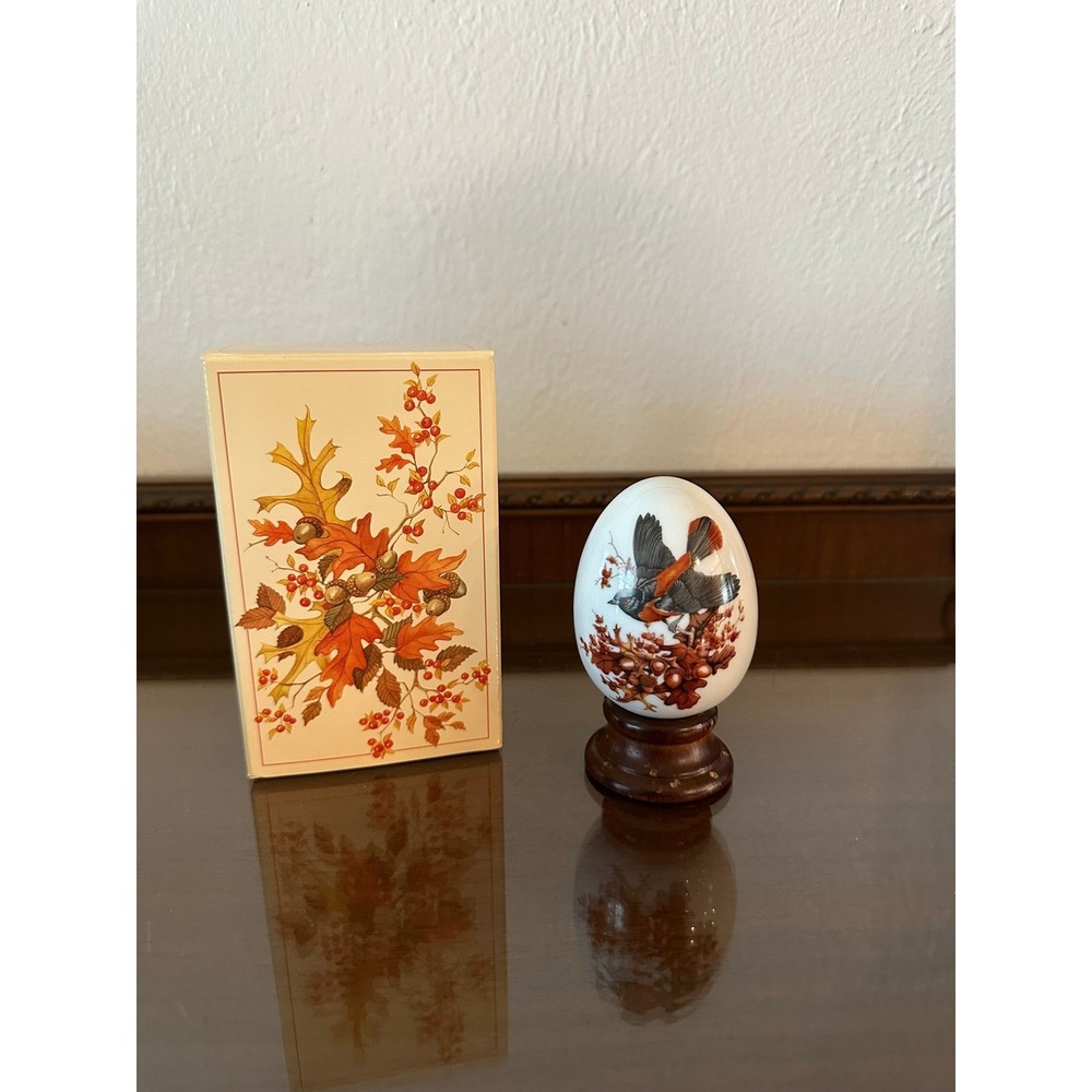 Vintage Avon Autumn Brings Magic Changes Porcelain Egg with Stand & Box‎